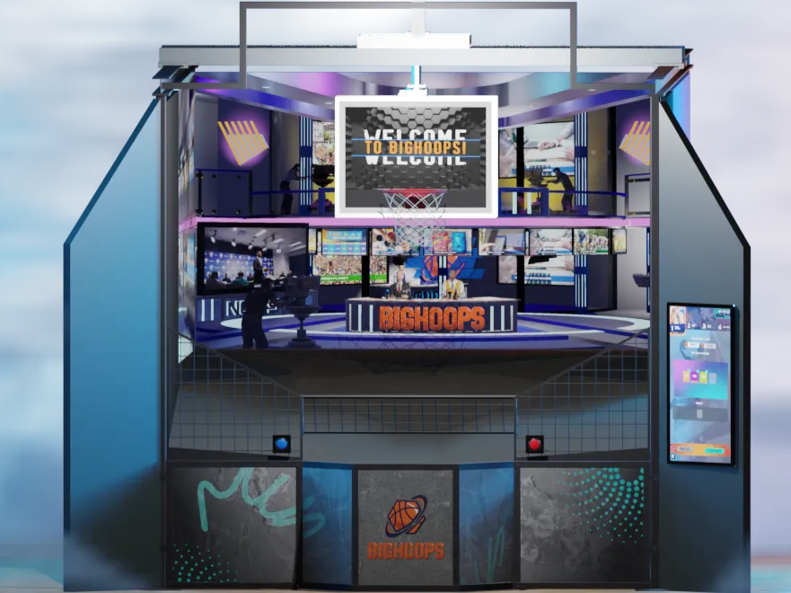 Close-up of the BigHoops robotic basketball machine in fog lighting